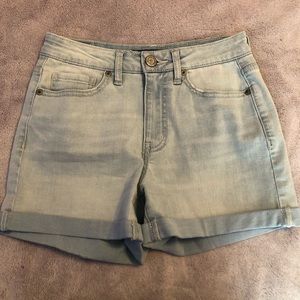 High waisted light wash jean shorts